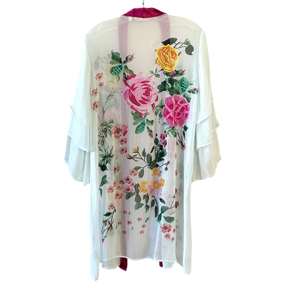 SOFT SURROUNDINGS Size Large Sheer Green Pink Floral Embroidered Open Duster - Picture 5 of 9